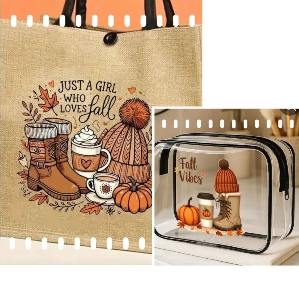Charming Fall Tote Bag - Brown and Makeup Bag